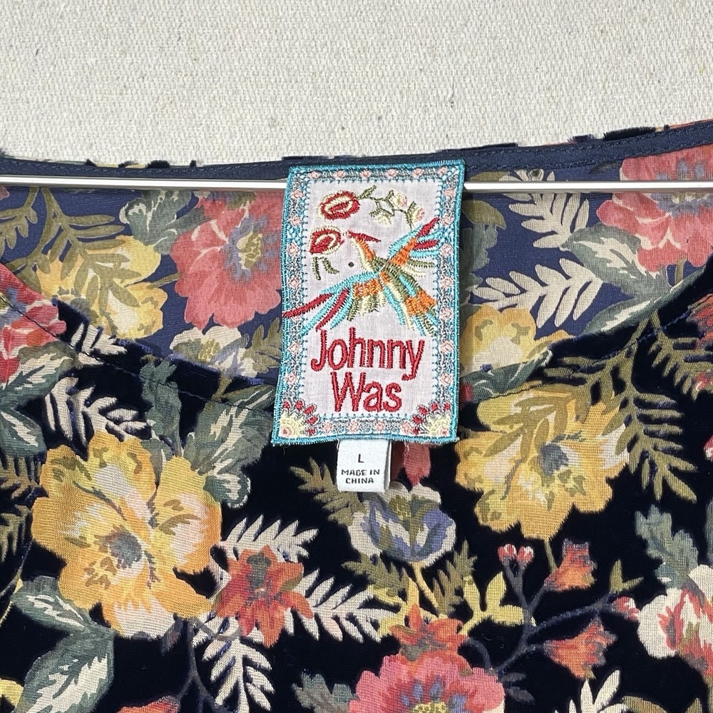 Johnny Was Velvet Burnout Blouse Women's L Blue Floral Print Kimono Sleeve Silk - Picture 7 of 15